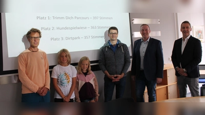 Die Gewinner des Vaterstettener Bürgerbudgets 2022 mit dem 1. Bürgermeister (v. li.): Steffen Haigis mit Janne und Nele (Dirtpark), Dr. Alexander Rucke (Trimm Dich Parcours), Bürgermeister Leonhard Spitzauer und Raphael Melcher (Hundewiese). (Foto: © Gemeinde Vaterstetten/JH)