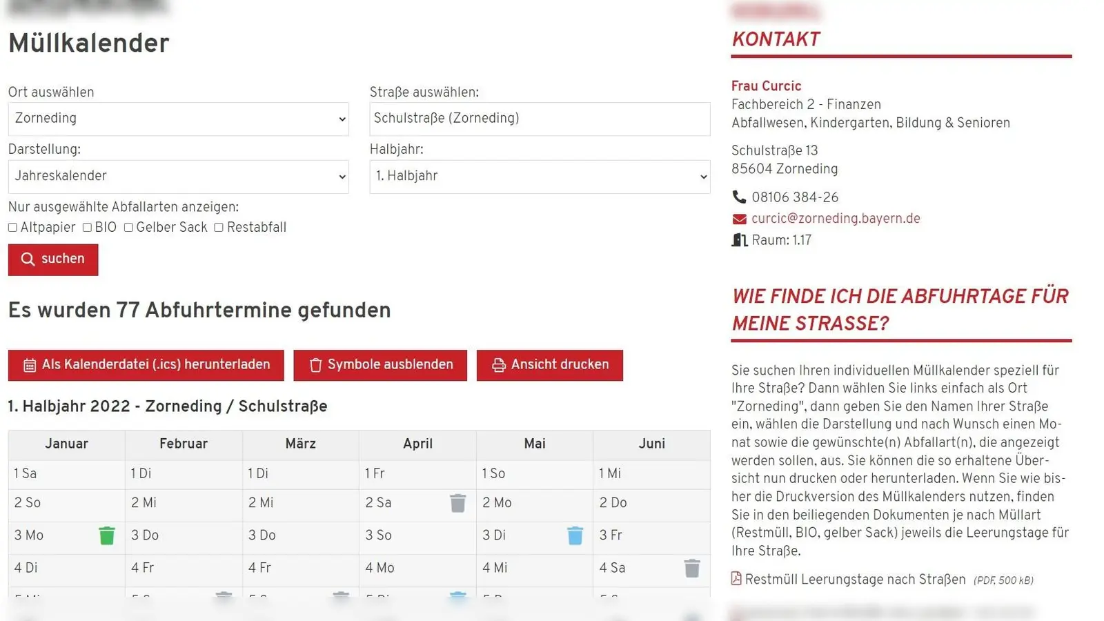 Ausschnitt aus dem digitalen Müllkalender am Beispiel der Schulstraße. (Foto: Gemeinde)