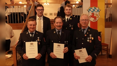 50 Jahre im Dienst der Freiwilligen Feuerwehr: Dafür wurden Johann Schöttl, Oswald Thalmeier und Georg Mayr (vorne von links nach rechts) von Landrat Martin Bayerstorfer (hinten links) geehrt.  (Foto: Landratsamt Erding)