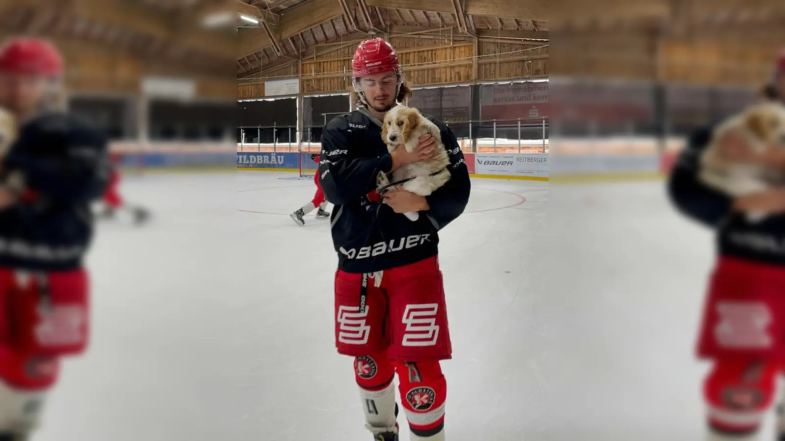 Kanadier Lynnden Pastachak, in Königsbrunn dreifacher Torschütze, am Tag darauf mit seiner Daisy beim Training. (Foto: smg/EHC)