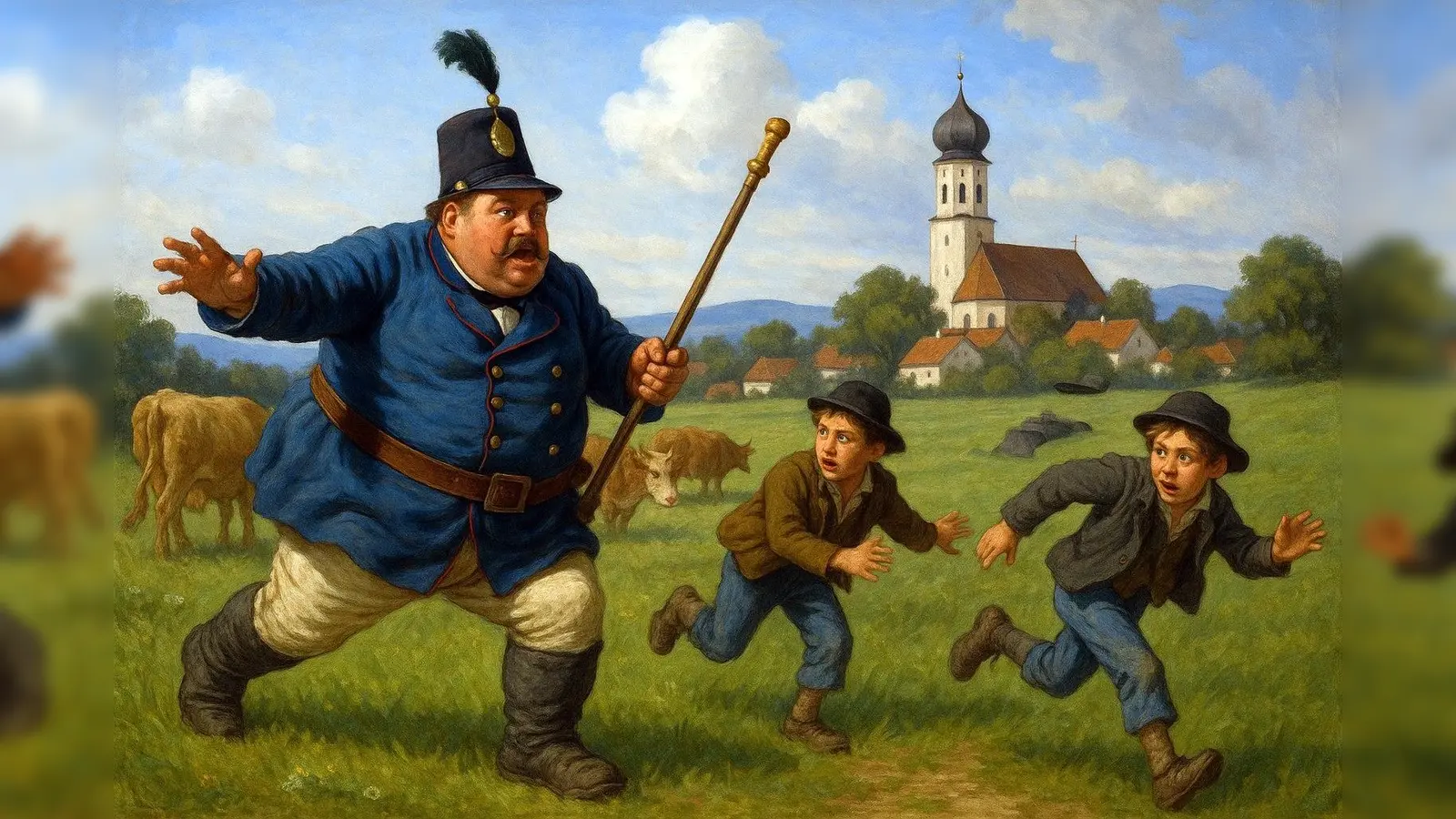 Dorfgendarm muss auf Anweisung des Landrichters Schulbuben beim Viehhüten ein-fangen.  (Foto: KI/Museum Grafing)
