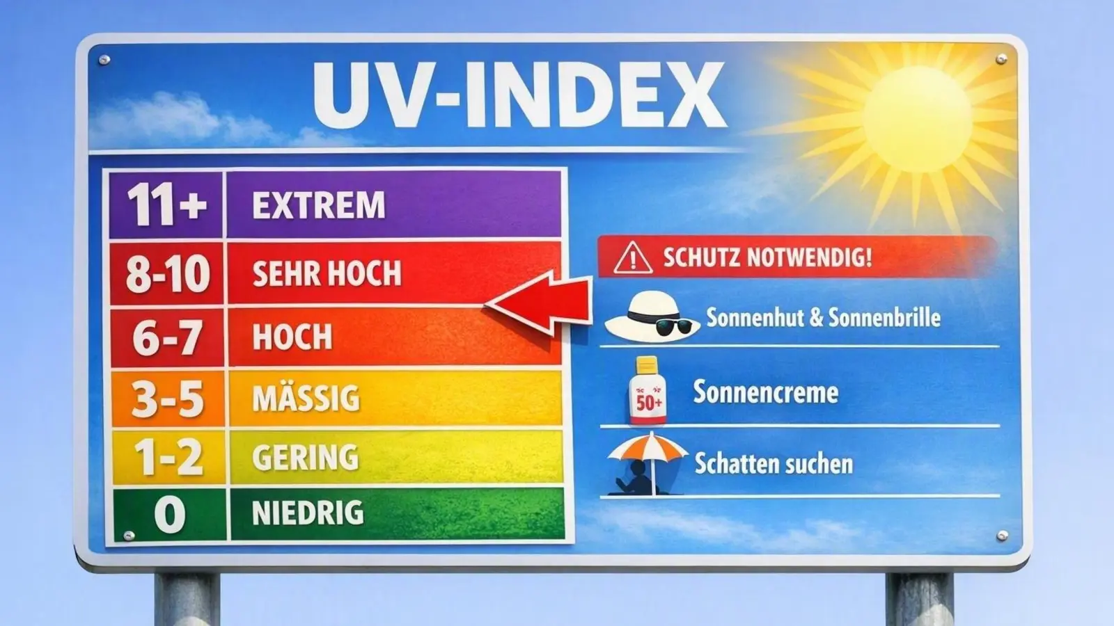 UV-Indextafel: Die Gesundheitsregionplus des Landkreises Freising möchte mit UV-Indextafeln über die aktuelle UV-Strahlung informieren. (Foto: BayernKI)