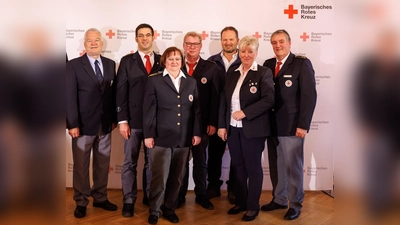 Clemens Salzer (2.v.li.) in Anwesenheit von Georg Eisenreich (Bayer. Staatsminister der Justiz, li.) im Kreise der BRK-Verantwortlichen anlässlich der Ehrung. (Foto: BRK-Landesverband)