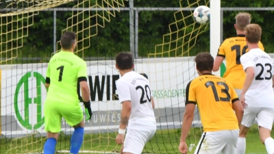 Gebannt schauen Freilassings Spieler und die Moosinninger Akteure (gelbe Shirts) dem Ball nach; es ist das 3:0 dank eines Freilassinger Eigentores. (Foto: Eicke Lenz)
