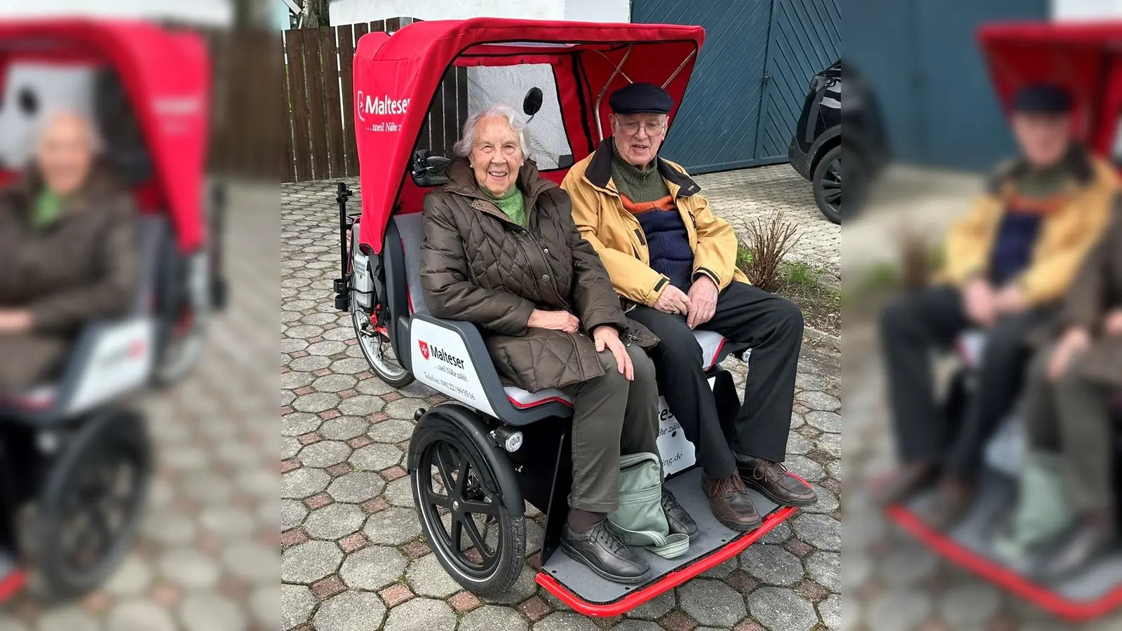 Die Eltern von Peter Schlegel, ehrenamtlicher Rikscha-Fahrer der Malteser Erding, genossen am Karfreitag eine abwechslungsreiche Fahrt durch die Stadt. (Foto: privat)