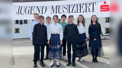 Die Preisträger der Altersgruppe II beim Landeswettbewerb in Kempten - von links: Kolja Gehring, Cornelius Pellmaier, Clemens Narizano, Alina Teschke, Levin Kaup, Samuel Seidenberger, Julia Paul, Kyna McCurdy (Foto: Musikschule)