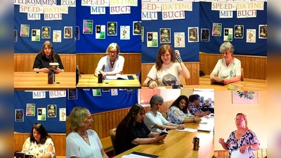 Beim Speed-Dating mit Buch (im Uhrzeigersinn): Elisabeth Akinor, Susanne Eisele, Rita Janaczek, Julia Karamell, Charlotte Erpenbeck und Petra Schmidt. (Foto: Petra Schmidt/Jürgen Bade/Rita Janaczek)