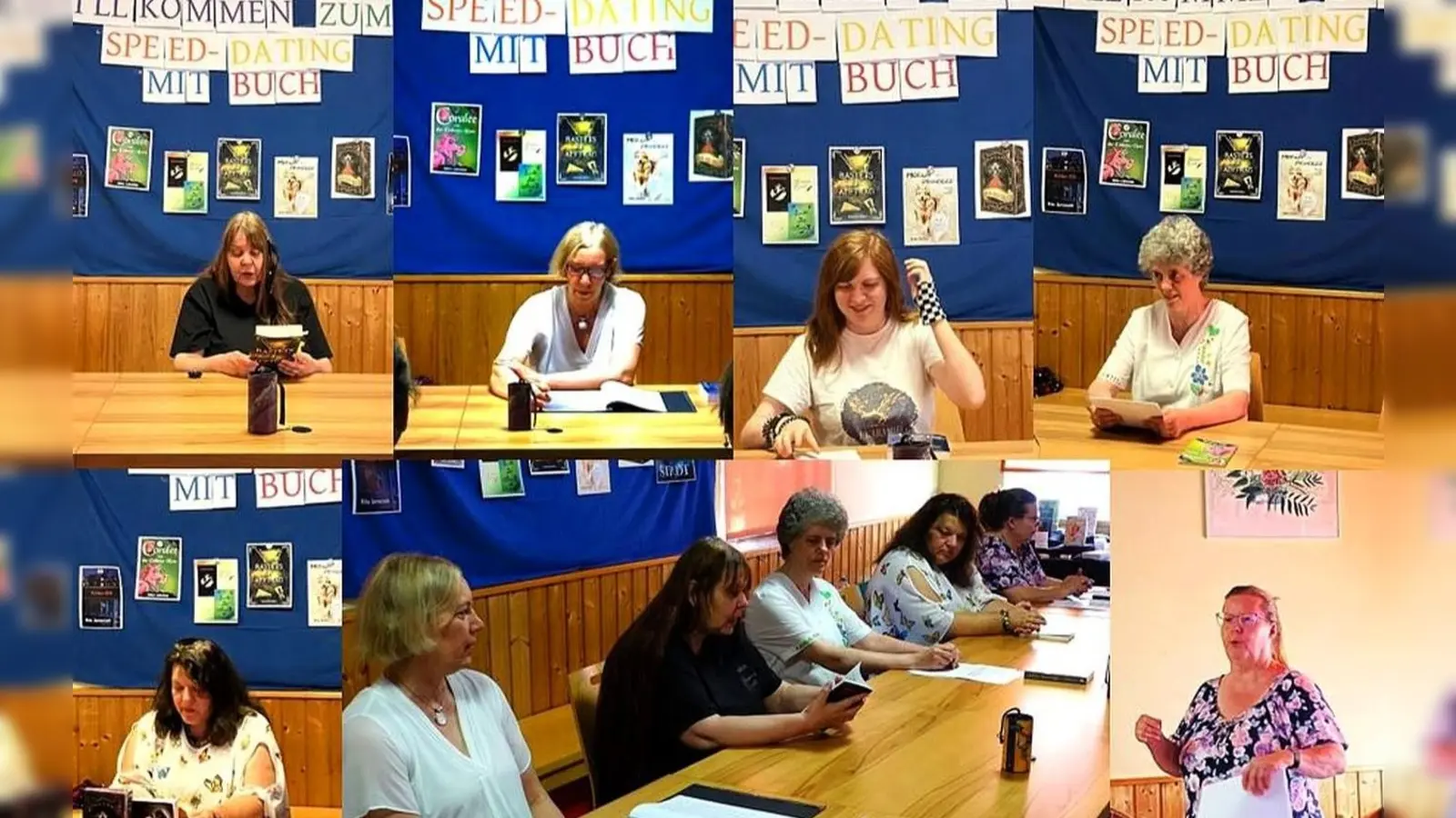 Beim Speed-Dating mit Buch (im Uhrzeigersinn): Elisabeth Akinor, Susanne Eisele, Rita Janaczek, Julia Karamell, Charlotte Erpenbeck und Petra Schmidt. (Foto: Petra Schmidt/Jürgen Bade/Rita Janaczek)
